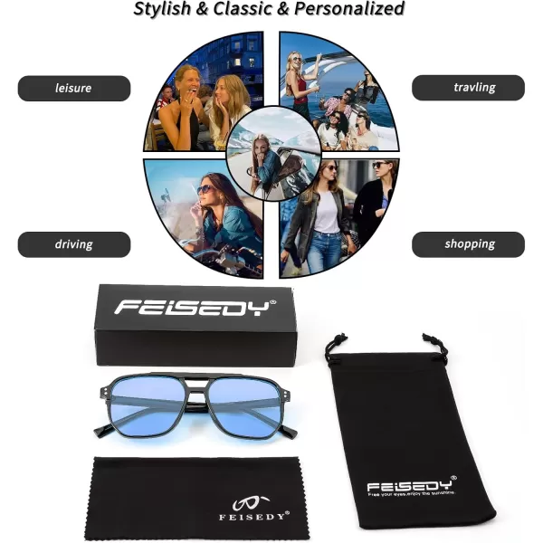 FEISEDY Retro Square Aviator Sunglasses Women Men 70s Vintage Trendy Plastic Frame Sun Glasses B2835006 Black FrameBlue Lens