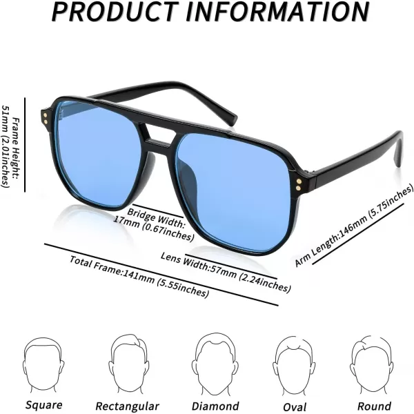 FEISEDY Retro Square Aviator Sunglasses Women Men 70s Vintage Trendy Plastic Frame Sun Glasses B2835006 Black FrameBlue Lens