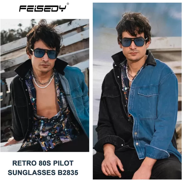 FEISEDY Retro Square Aviator Sunglasses Women Men 70s Vintage Trendy Plastic Frame Sun Glasses B2835006 Black FrameBlue Lens