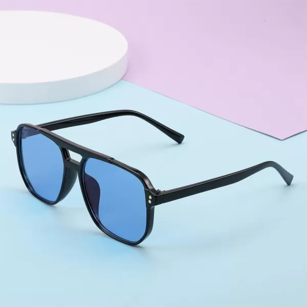 FEISEDY Retro Square Aviator Sunglasses Women Men 70s Vintage Trendy Plastic Frame Sun Glasses B2835006 Black FrameBlue Lens