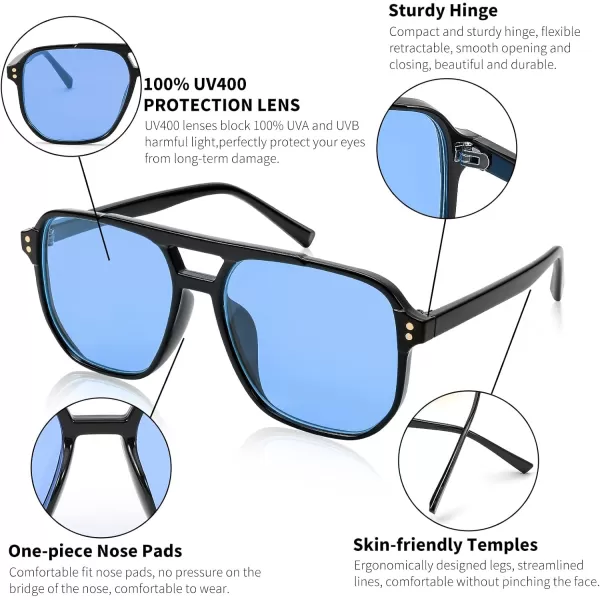 FEISEDY Retro Square Aviator Sunglasses Women Men 70s Vintage Trendy Plastic Frame Sun Glasses B2835006 Black FrameBlue Lens
