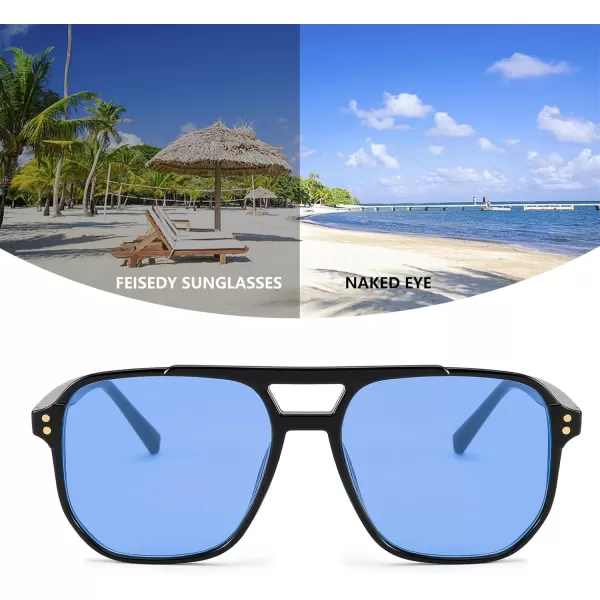 FEISEDY Retro Square Aviator Sunglasses Women Men 70s Vintage Trendy Plastic Frame Sun Glasses B2835006 Black FrameBlue Lens