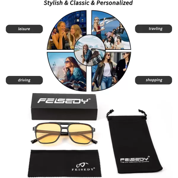 FEISEDY Retro Square Aviator Sunglasses Women Men 70s Vintage Trendy Plastic Frame Sun Glasses B2835007 Black FrameYellow Lens