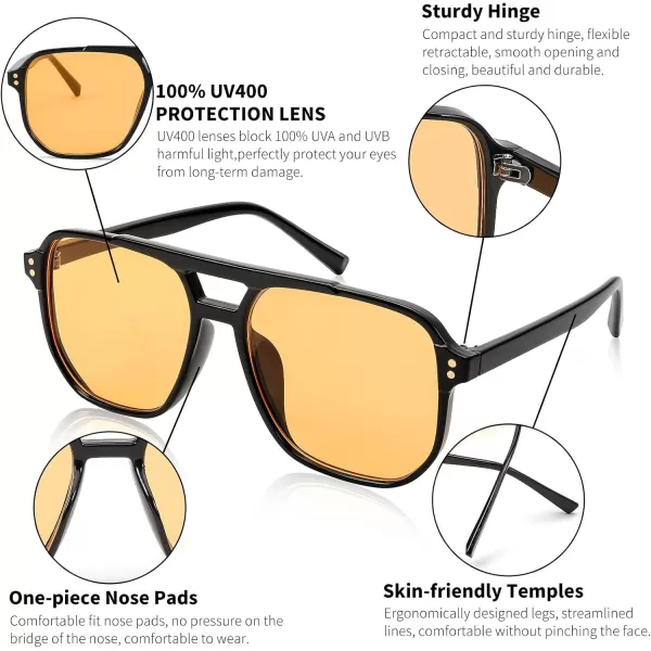 FEISEDY Retro Square Aviator Sunglasses Women Men 70s Vintage Trendy Plastic Frame Sun Glasses B2835007 Black FrameYellow Lens