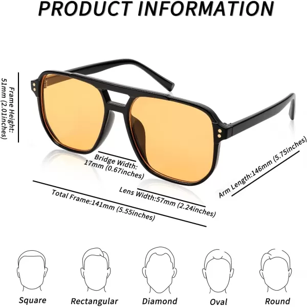 FEISEDY Retro Square Aviator Sunglasses Women Men 70s Vintage Trendy Plastic Frame Sun Glasses B2835007 Black FrameYellow Lens