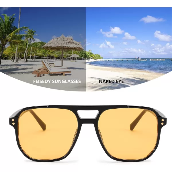 FEISEDY Retro Square Aviator Sunglasses Women Men 70s Vintage Trendy Plastic Frame Sun Glasses B2835007 Black FrameYellow Lens