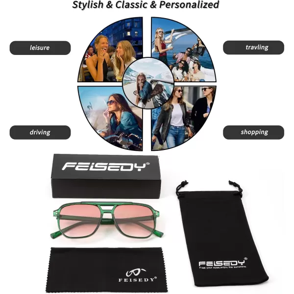 FEISEDY Retro Square Aviator Sunglasses Women Men 70s Vintage Trendy Plastic Frame Sun Glasses B2835008 Green Transparent FrameReddish Brown Gradient Lens
