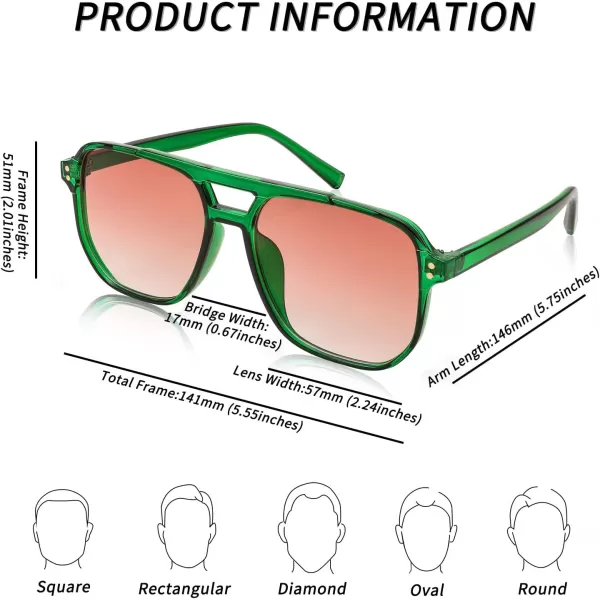 FEISEDY Retro Square Aviator Sunglasses Women Men 70s Vintage Trendy Plastic Frame Sun Glasses B2835008 Green Transparent FrameReddish Brown Gradient Lens
