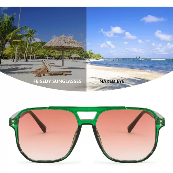 FEISEDY Retro Square Aviator Sunglasses Women Men 70s Vintage Trendy Plastic Frame Sun Glasses B2835008 Green Transparent FrameReddish Brown Gradient Lens