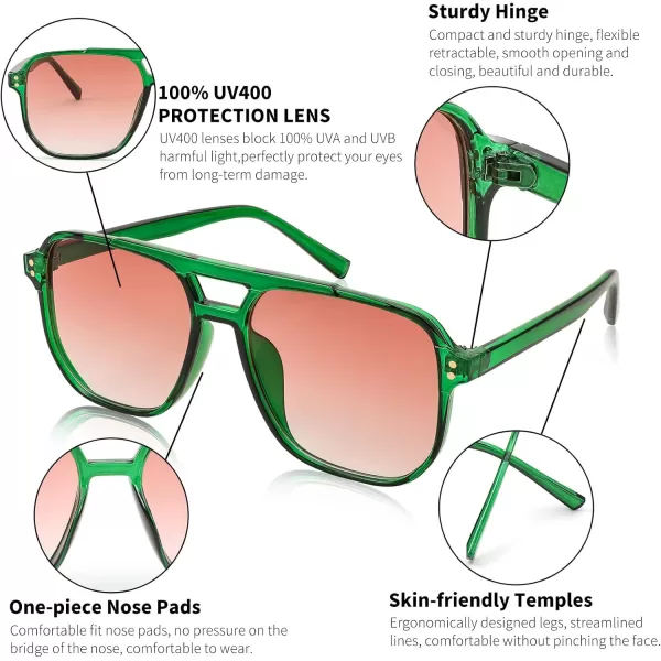 FEISEDY Retro Square Aviator Sunglasses Women Men 70s Vintage Trendy Plastic Frame Sun Glasses B2835008 Green Transparent FrameReddish Brown Gradient Lens