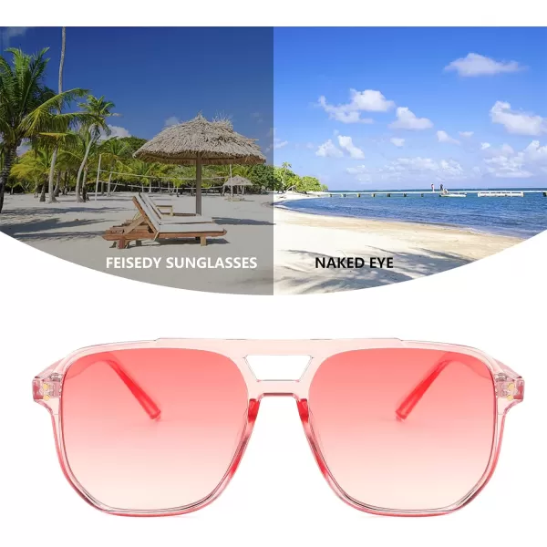 FEISEDY Retro Square Aviator Sunglasses Women Men 70s Vintage Trendy Plastic Frame Sun Glasses B2835009 Pink Transparent FramePink Lens