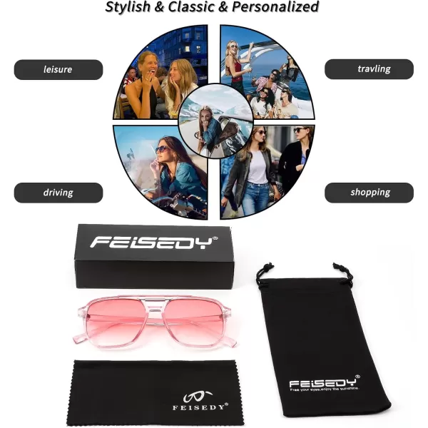 FEISEDY Retro Square Aviator Sunglasses Women Men 70s Vintage Trendy Plastic Frame Sun Glasses B2835009 Pink Transparent FramePink Lens