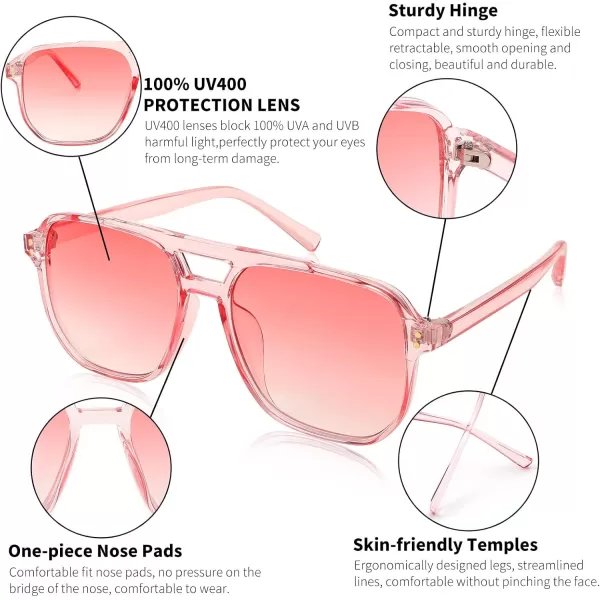 FEISEDY Retro Square Aviator Sunglasses Women Men 70s Vintage Trendy Plastic Frame Sun Glasses B2835009 Pink Transparent FramePink Lens