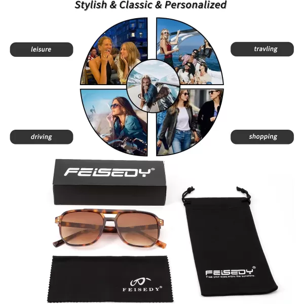 FEISEDY Retro Square Aviator Sunglasses Women Men 70s Vintage Trendy Plastic Frame Sun Glasses B2835010 Tortoise FrameTea Gradient Lens