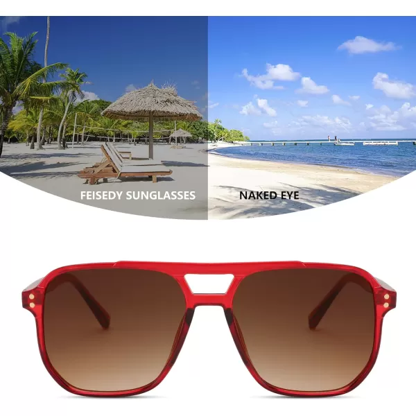 FEISEDY Retro Square Aviator Sunglasses Women Men 70s Vintage Trendy Plastic Frame Sun Glasses B2835Red FrameGradient Brown Lens
