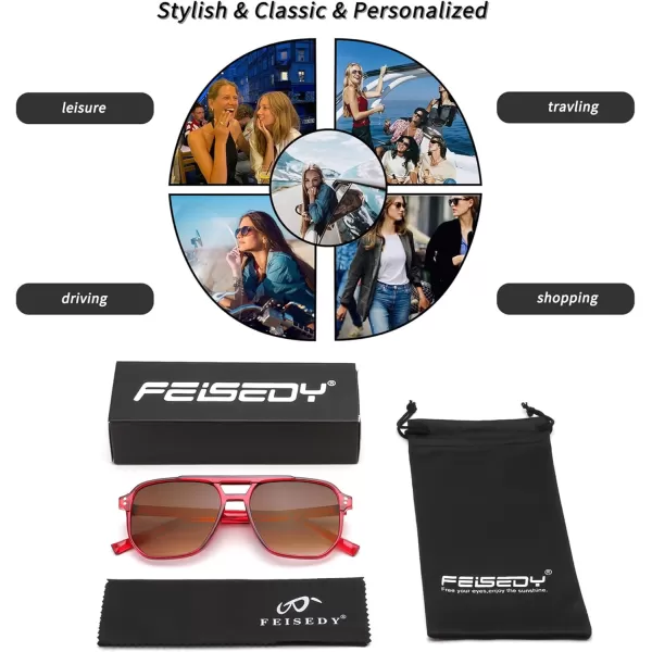 FEISEDY Retro Square Aviator Sunglasses Women Men 70s Vintage Trendy Plastic Frame Sun Glasses B2835Red FrameGradient Brown Lens