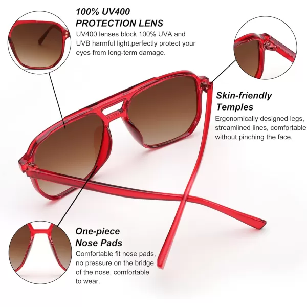 FEISEDY Retro Square Aviator Sunglasses Women Men 70s Vintage Trendy Plastic Frame Sun Glasses B2835Red FrameGradient Brown Lens