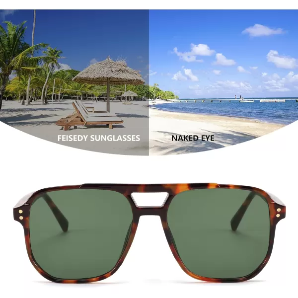 FEISEDY Retro Square Aviator Sunglasses Women Men 70s Vintage Trendy Plastic Frame Sun Glasses B2835Tortoise FrameDark Green Lens