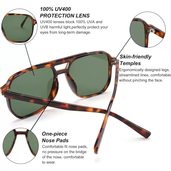 FEISEDY Retro Square Aviator Sunglasses Women Men 70s Vintage Trendy Plastic Frame Sun Glasses B2835Tortoise FrameDark Green Lens