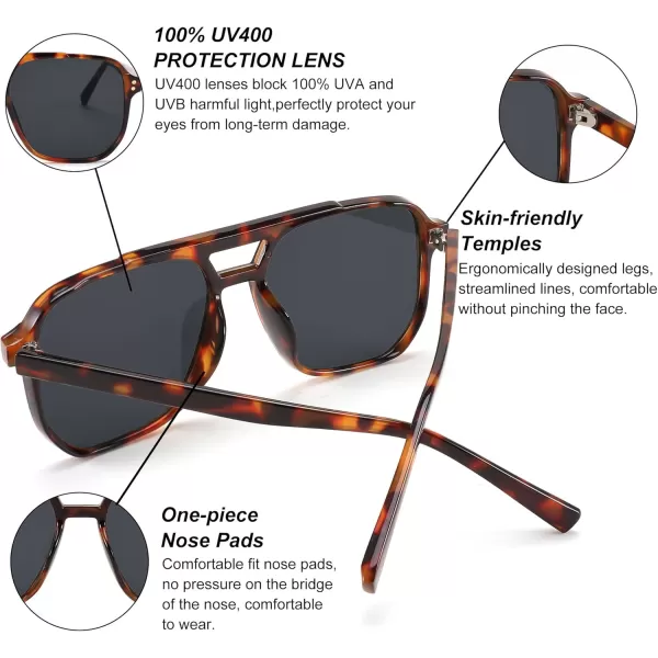 FEISEDY Retro Square Aviator Sunglasses Women Men 70s Vintage Trendy Plastic Frame Sun Glasses B2835Tortoise FrameGrey Lens