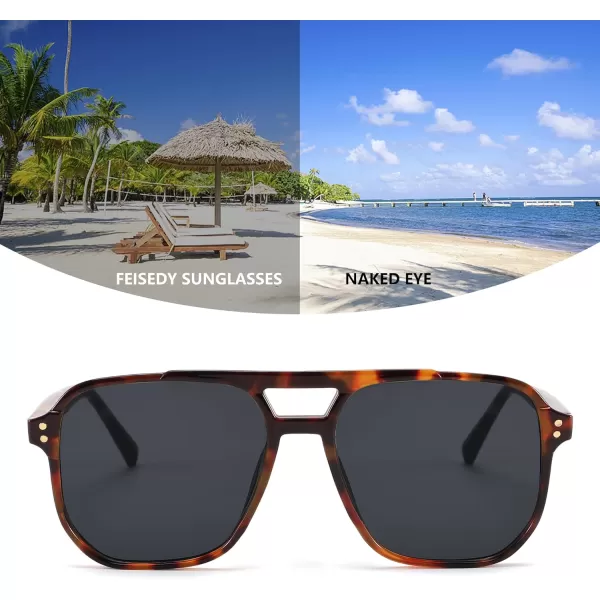 FEISEDY Retro Square Aviator Sunglasses Women Men 70s Vintage Trendy Plastic Frame Sun Glasses B2835Tortoise FrameGrey Lens