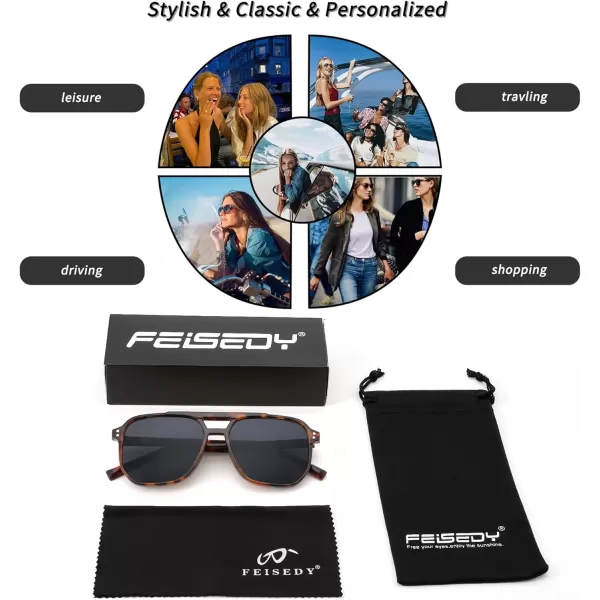 FEISEDY Retro Square Aviator Sunglasses Women Men 70s Vintage Trendy Plastic Frame Sun Glasses B2835Tortoise FrameGrey Lens