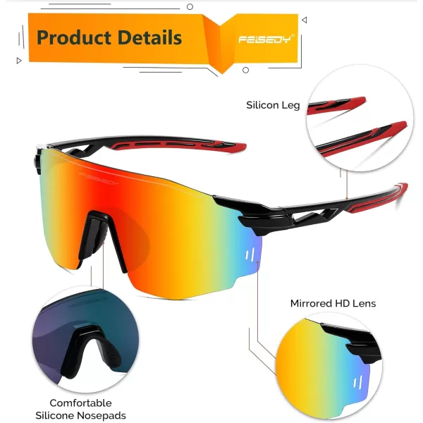 FEISEDY Rimless Sports Sunglasses for Men Women Tr90 Frame for Cycling Fishing Running B0116Black Frame Red Mirrored Lens