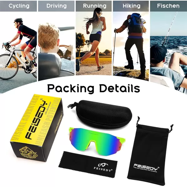 FEISEDY Rimless Sports Sunglasses for Men Women Tr90 Frame for Cycling Fishing Running B0116Fluorescent Green Frame Green Mirrored Lens