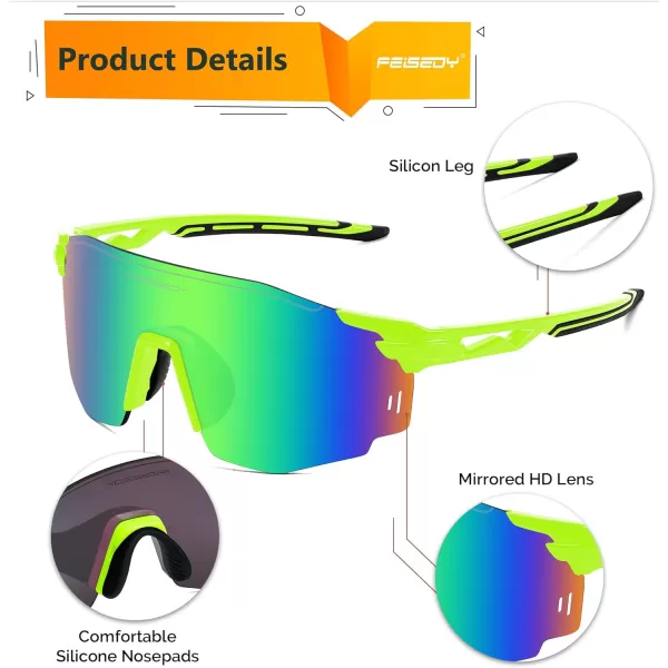 FEISEDY Rimless Sports Sunglasses for Men Women Tr90 Frame for Cycling Fishing Running B0116Fluorescent Green Frame Green Mirrored Lens