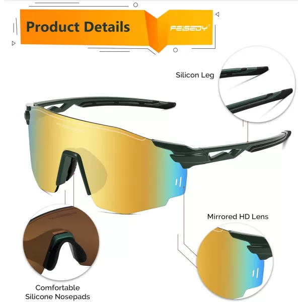 FEISEDY Rimless Sports Sunglasses for Men Women Tr90 Frame for Cycling Fishing Running B0116Olive Green Frame Gold Mirrored Lens
