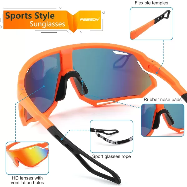 FEISEDY Sport Sunglasses for Men Women Cycling Glasses with UV Protection for Baseball Ski Runing Golf B0082Orange FrameRed Mirror