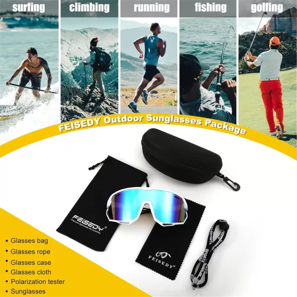 FEISEDY Sport Sunglasses for Men Women Cycling Glasses with UV Protection for Baseball Ski Runing Golf B0082White FrameBlue Mirror
