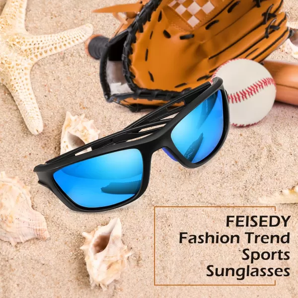 FEISEDY Sports Polarized Sunglasses For Men Women Cycling Driving Fishing Running UV400 Protection B0125Black Frame  Blue Mirror Lens