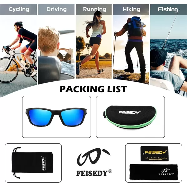 FEISEDY Sports Polarized Sunglasses For Men Women Cycling Driving Fishing Running UV400 Protection B0125Black Frame  Blue Mirror Lens