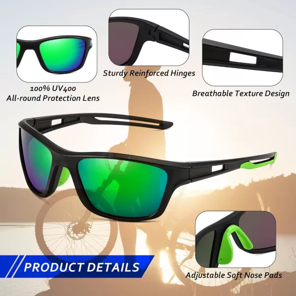 FEISEDY Sports Polarized Sunglasses For Men Women Cycling Driving Fishing Running UV400 Protection B0125Black Frame  Green Mirror Lens