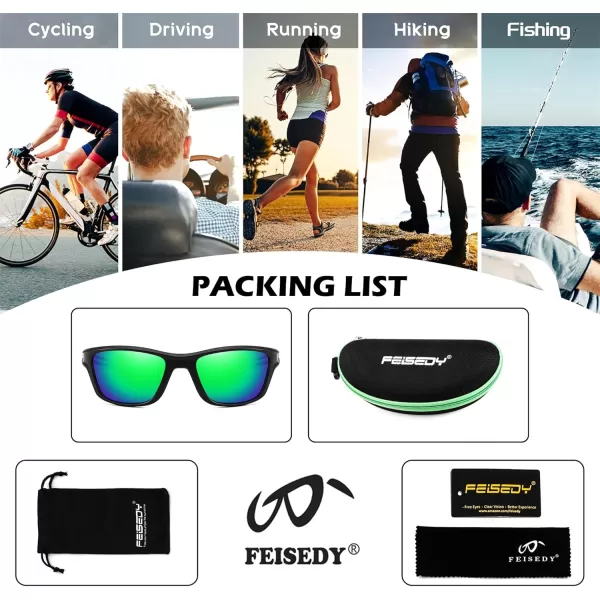 FEISEDY Sports Polarized Sunglasses For Men Women Cycling Driving Fishing Running UV400 Protection B0125Black Frame  Green Mirror Lens