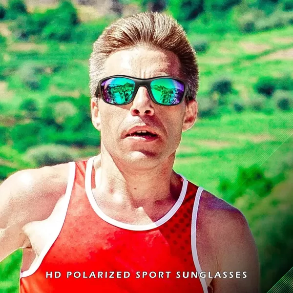 FEISEDY Sports Polarized Sunglasses For Men Women Cycling Driving Fishing Running UV400 Protection B0125Black Frame  Green Mirror Lens