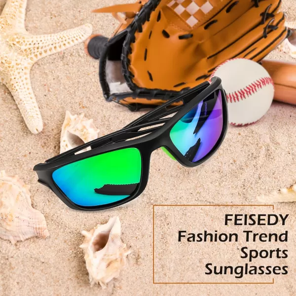 FEISEDY Sports Polarized Sunglasses For Men Women Cycling Driving Fishing Running UV400 Protection B0125Black Frame  Green Mirror Lens