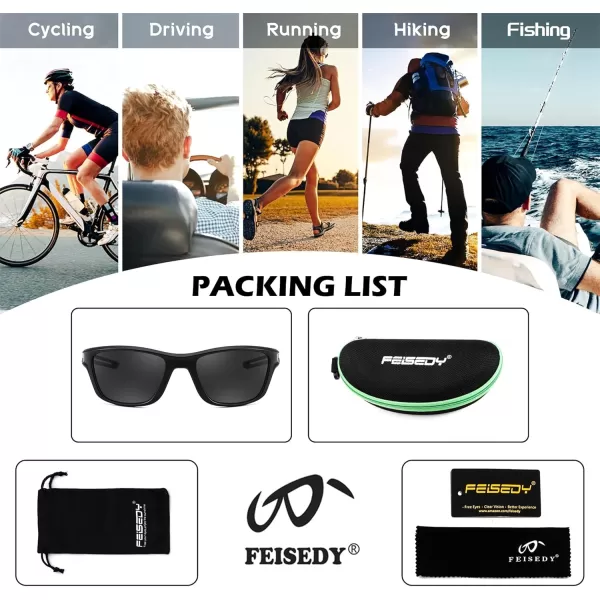 FEISEDY Sports Polarized Sunglasses For Men Women Cycling Driving Fishing Running UV400 Protection B0125Black Frame  Grey Lens