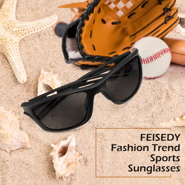 FEISEDY Sports Polarized Sunglasses For Men Women Cycling Driving Fishing Running UV400 Protection B0125Black Frame  Grey Lens