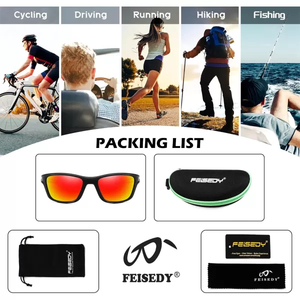 FEISEDY Sports Polarized Sunglasses For Men Women Cycling Driving Fishing Running UV400 Protection B0125Black Frame  Orange Mirror Lens