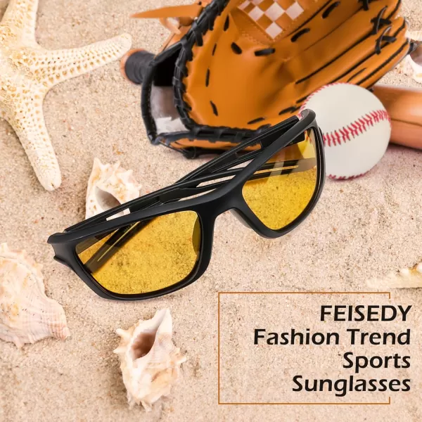 FEISEDY Sports Polarized Sunglasses For Men Women Cycling Driving Fishing Running UV400 Protection B0125Black Frame  Yellow Lens