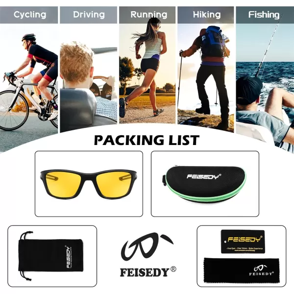 FEISEDY Sports Polarized Sunglasses For Men Women Cycling Driving Fishing Running UV400 Protection B0125Black Frame  Yellow Lens