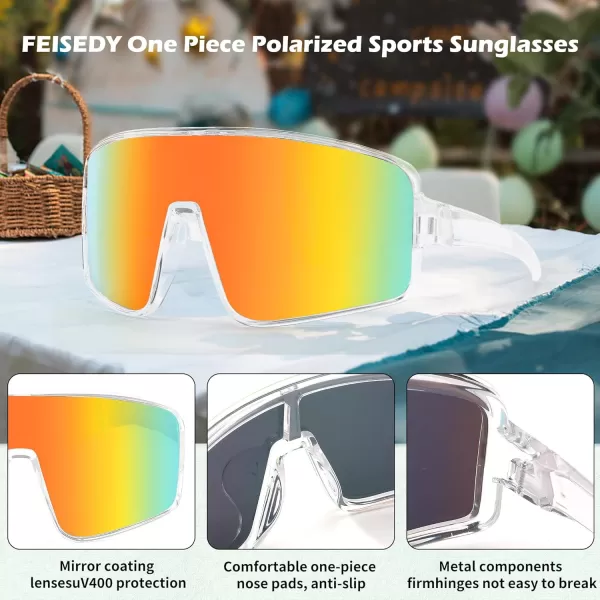 FEISEDY Sports Sunglasses Polarized Oversized Shield for Women Men Youth Baseball Cycling Running Outdoor Visor B2988001 Transparent Frame  Red Mirror Lens