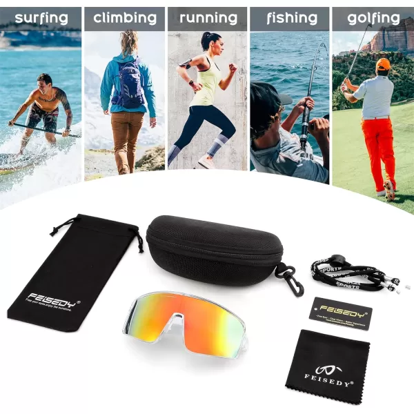 FEISEDY Sports Sunglasses Polarized Oversized Shield for Women Men Youth Baseball Cycling Running Outdoor Visor B2988001 Transparent Frame  Red Mirror Lens