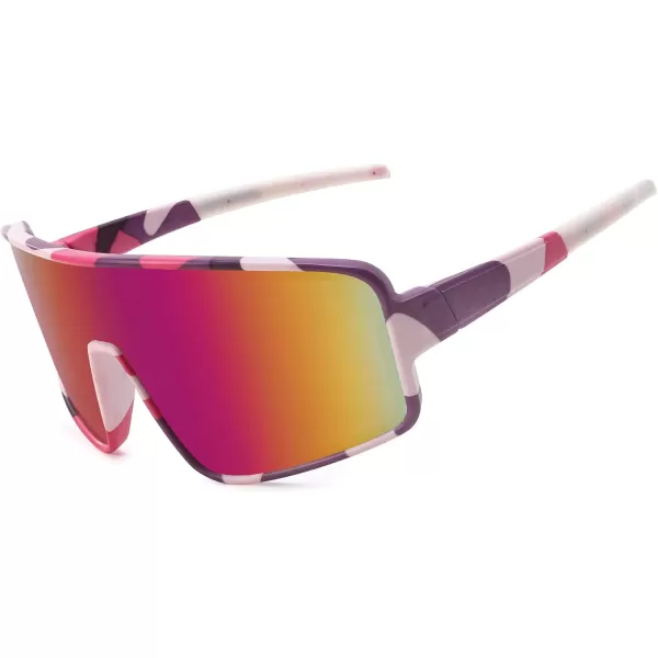 FEISEDY Sports Sunglasses Polarized Oversized Shield for Women Men Youth Baseball Cycling Running Outdoor Visor B2988002 Pink Camouflage Frame  Purple Lens