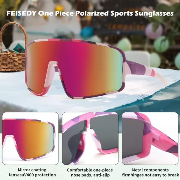 FEISEDY Sports Sunglasses Polarized Oversized Shield for Women Men Youth Baseball Cycling Running Outdoor Visor B2988002 Pink Camouflage Frame  Purple Lens