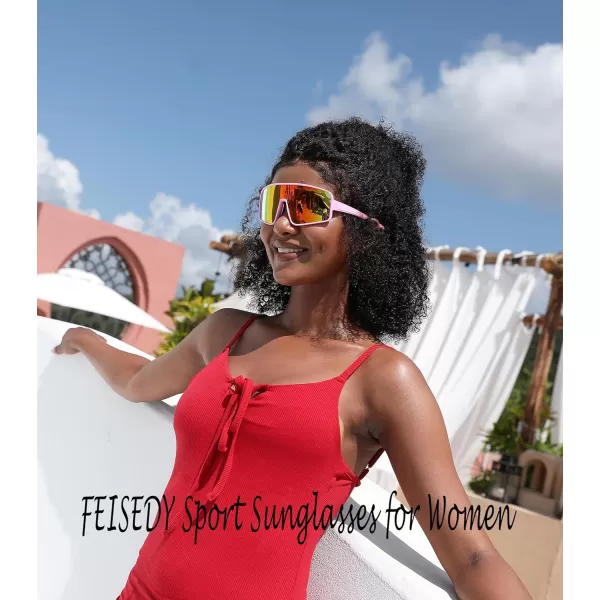 FEISEDY Sports Sunglasses Polarized Oversized Shield for Women Men Youth Baseball Cycling Running Outdoor Visor B2988003 Pink Frame  Red Mirror Lens