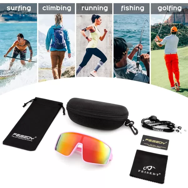 FEISEDY Sports Sunglasses Polarized Oversized Shield for Women Men Youth Baseball Cycling Running Outdoor Visor B2988003 Pink Frame  Red Mirror Lens