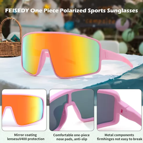 FEISEDY Sports Sunglasses Polarized Oversized Shield for Women Men Youth Baseball Cycling Running Outdoor Visor B2988003 Pink Frame  Red Mirror Lens